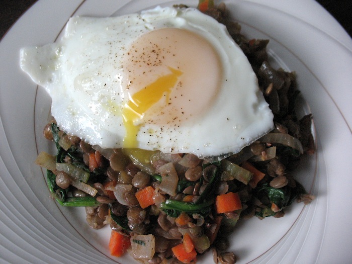 Warm Lentil & Bacon Salad with Fried Eggs