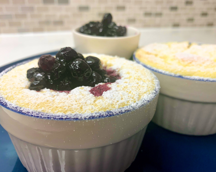 Baked Lemon Pudding with BC Blueberry Compote