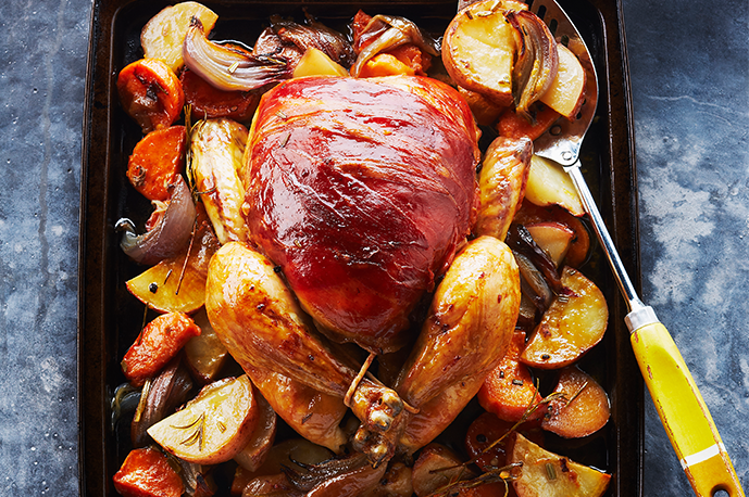 Prosciutto Wrapped Roast Chicken with Root Vegetables