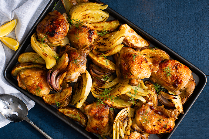Sheet Pan Roast Chicken Thighs with Fennel and Potatoes